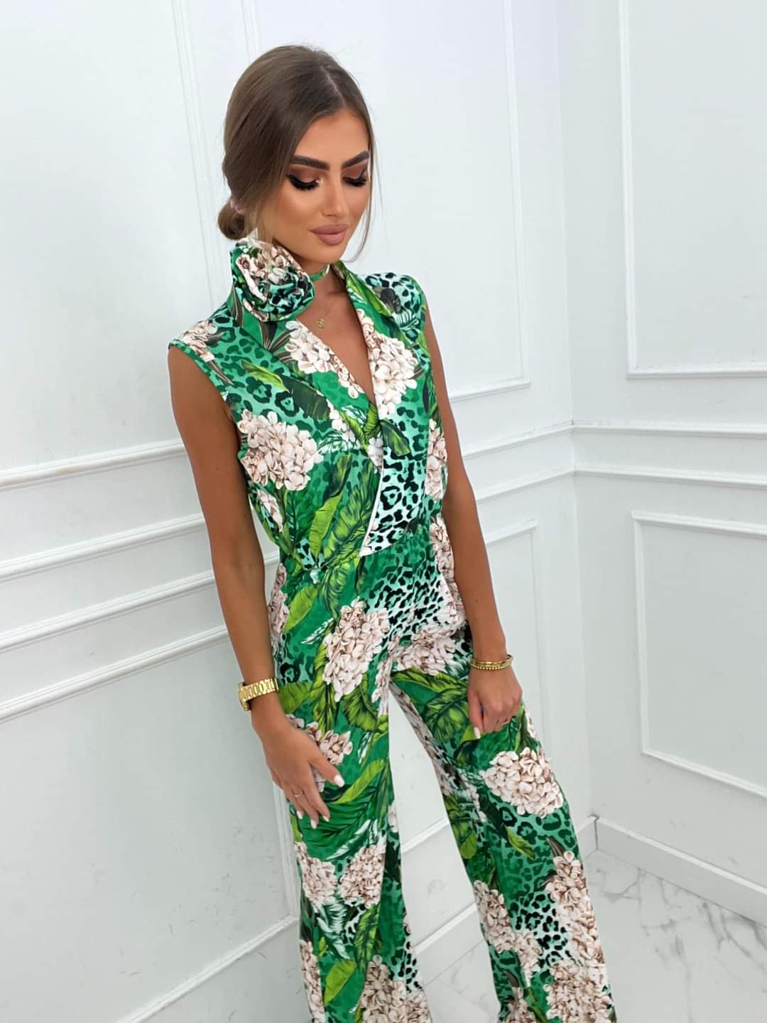 Green Floral Wide Leg Jumpsuit One Size