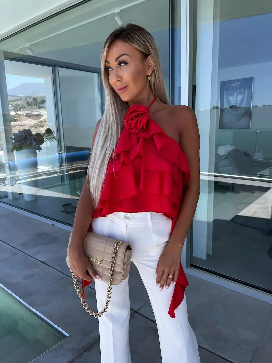 Red Cami Blouse Top With Rose