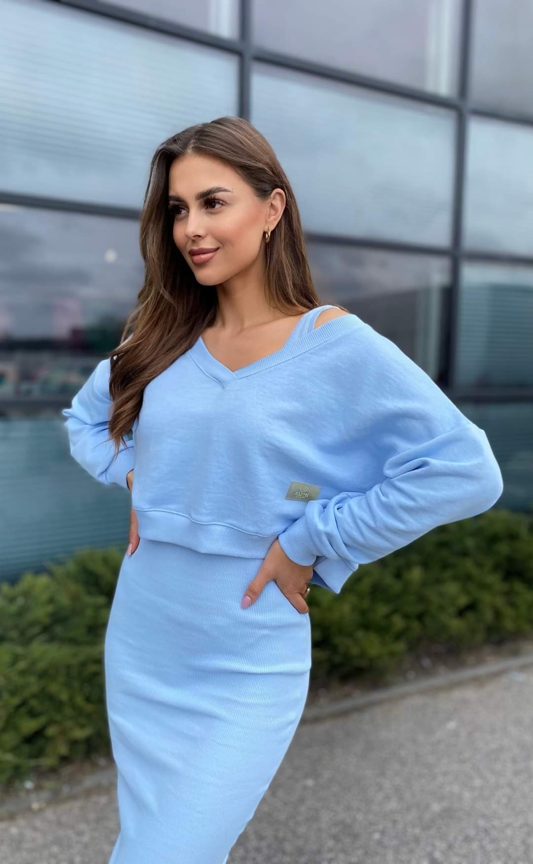 Baby Blue Two Piece Coord Set Midi Bodycon Dress And Sweatshirt One Size