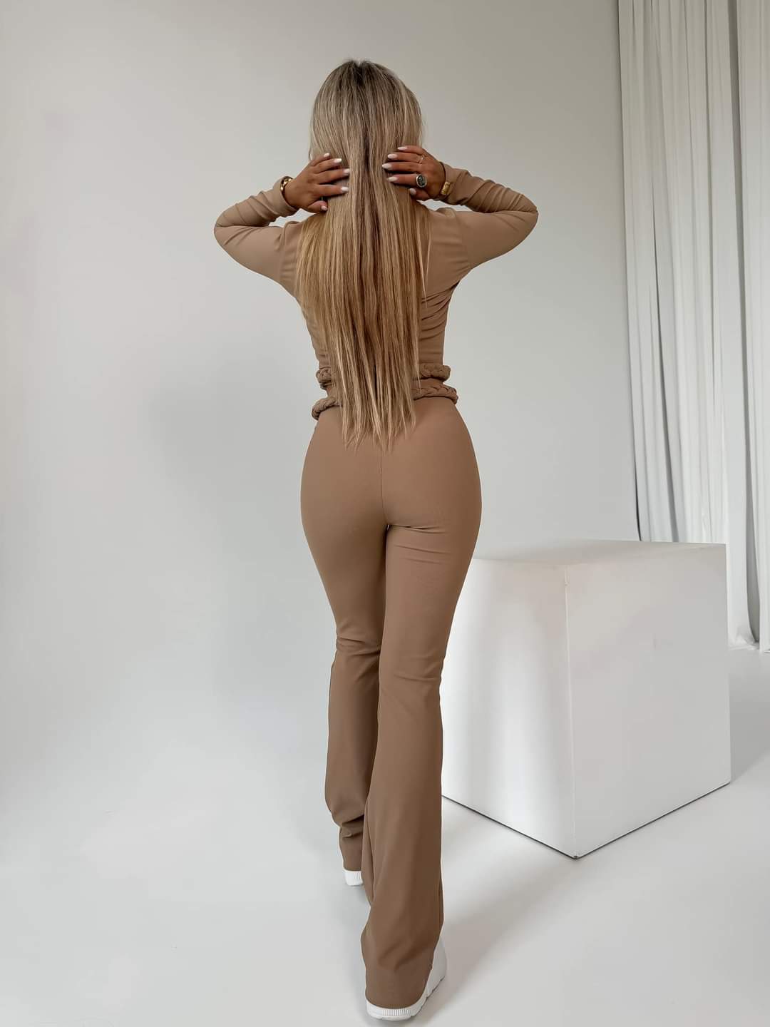 La Monne Camel Two Piece Ribbed Set Long Sleeve Crop Top And Flare Trousers