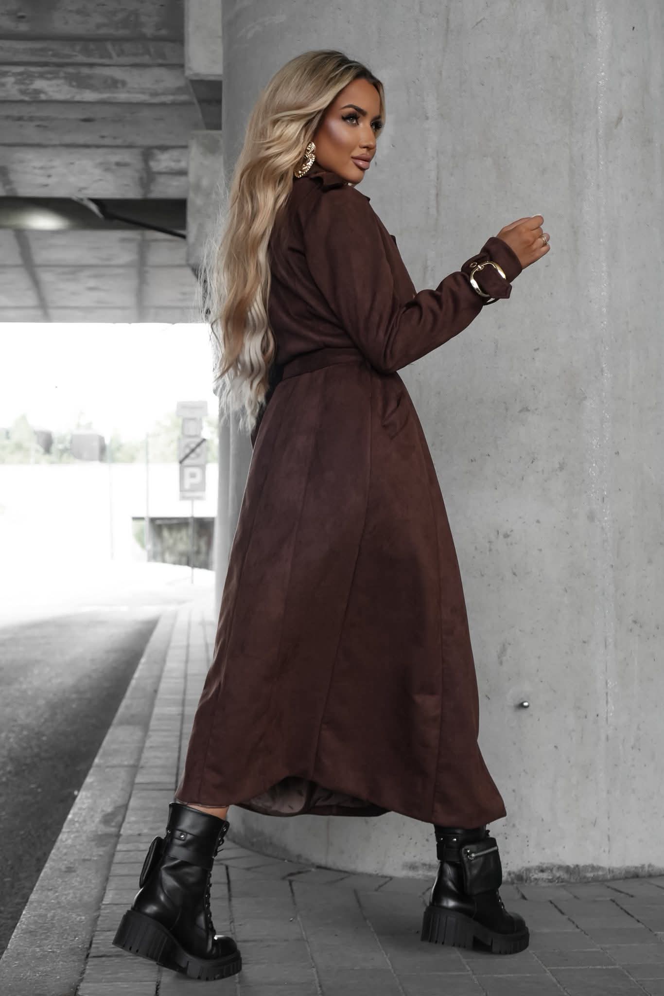La Monne Chocolate Long Faux Suede Duster Coat