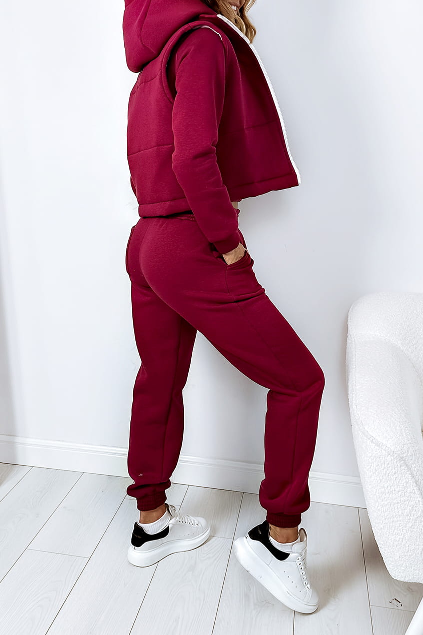 Burgundy Three Piece Tracksuit With Crop Gilet