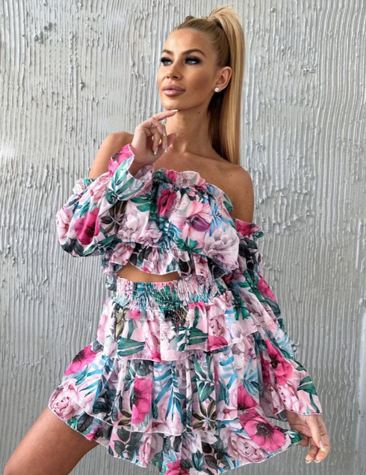 Pink Coord Two Piece Set Off Shoulder Top And Short Skirt