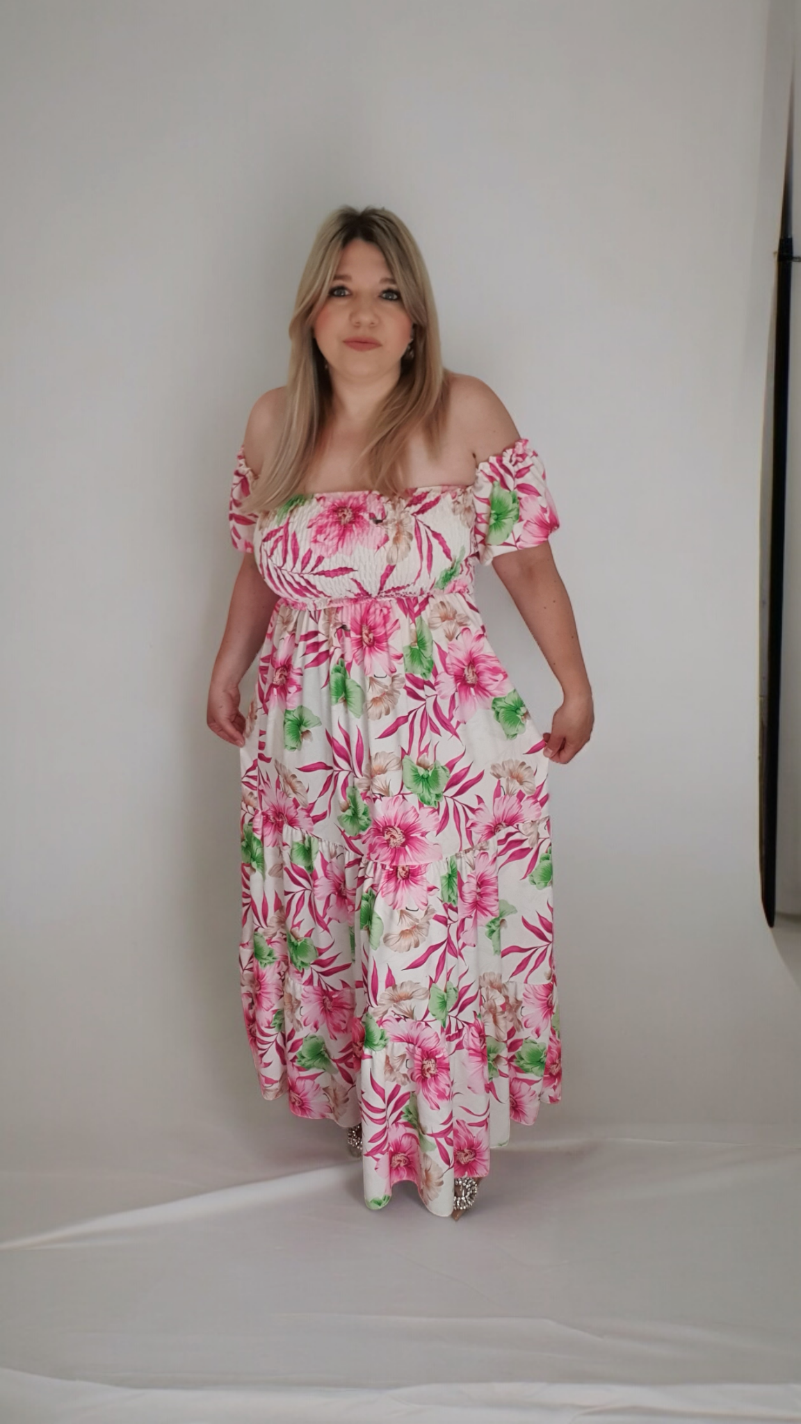 Pink Floral Print A-line Off Shoulder Maxi Dress