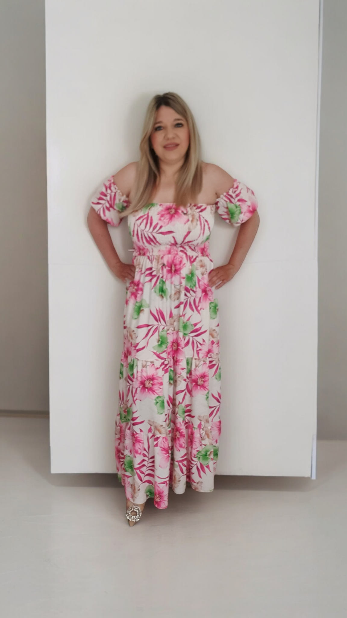 Pink Floral Print A-line Off Shoulder Maxi Dress
