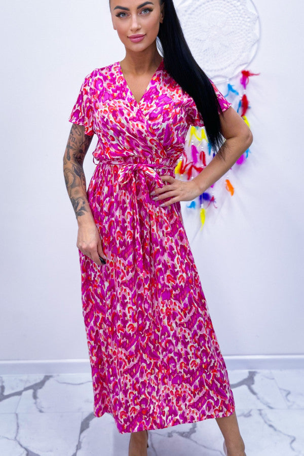 Maxi Pink Leopard Print Dress Short Sleeve