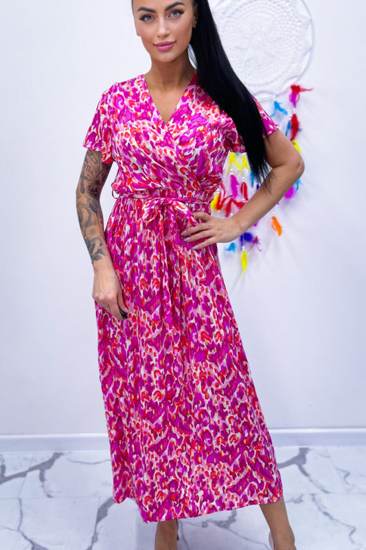 Maxi Pink Leopard Print Dress Short Sleeve