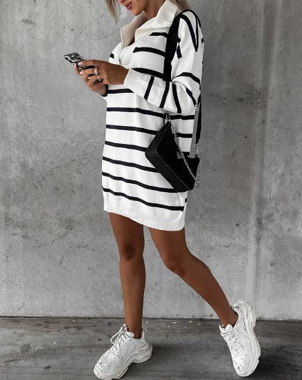 Cream Mini Striped Knitted Dress