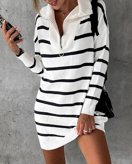 Cream Mini Striped Knitted Dress