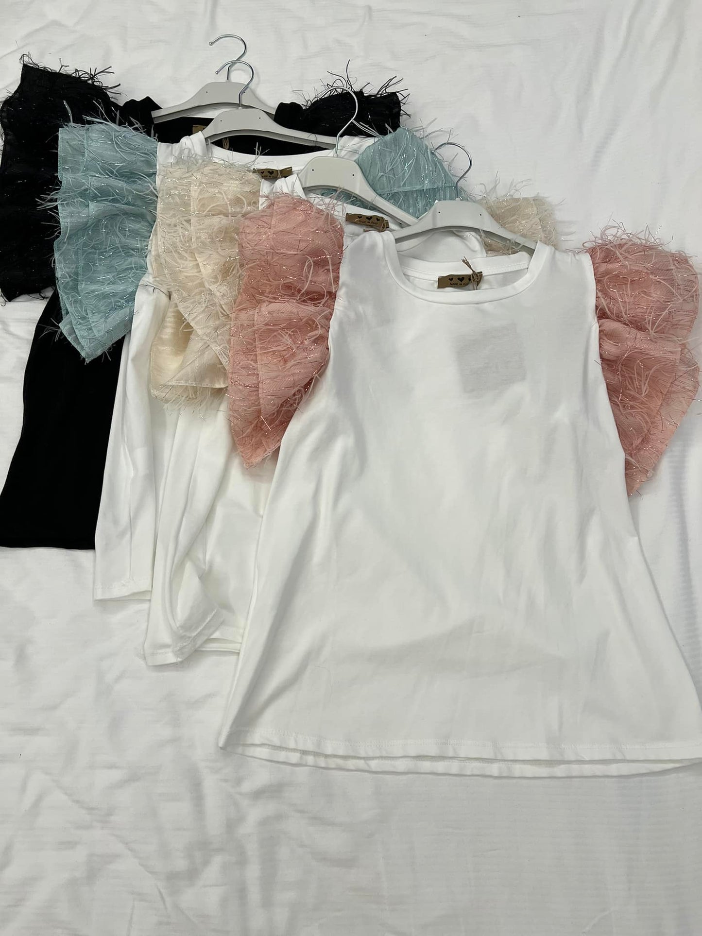White T-shirt Top With Feather Sleeves