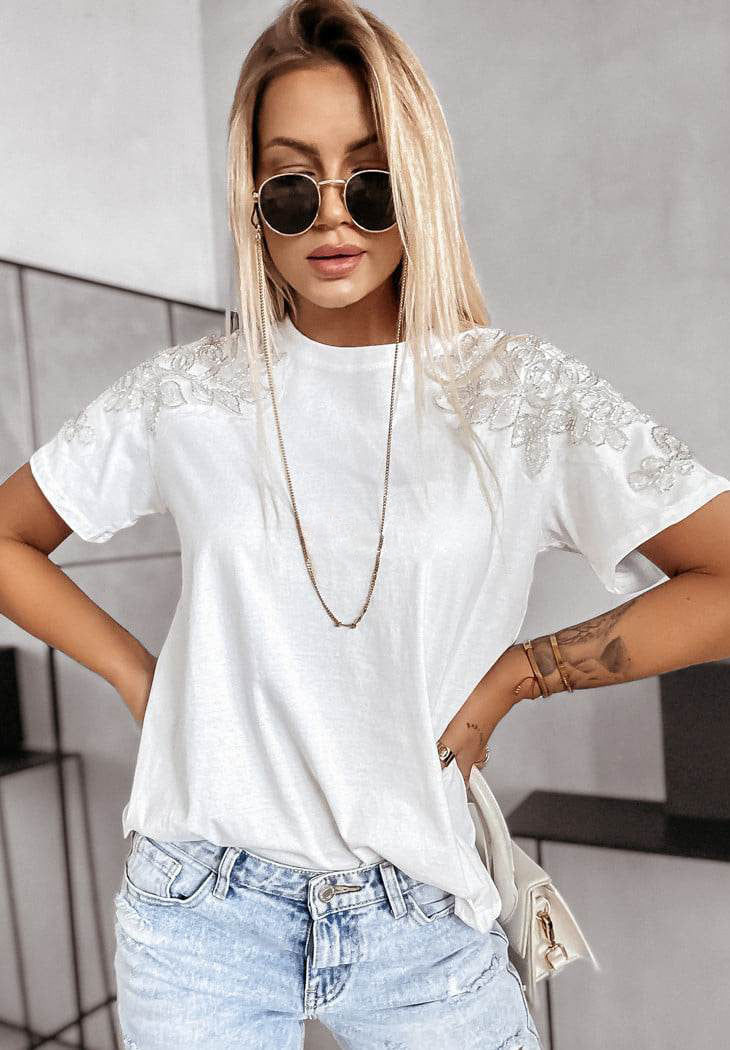 White Cotton T-Shirt with Decorated Sleeves