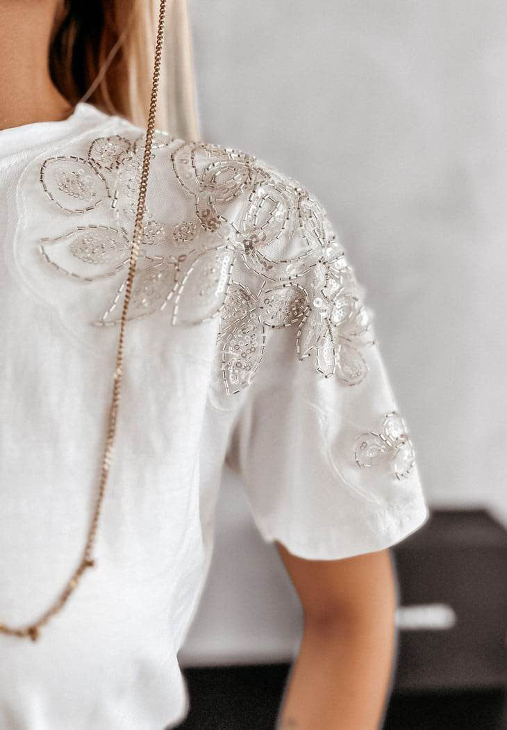 White Cotton T-Shirt with Decorated Sleeves