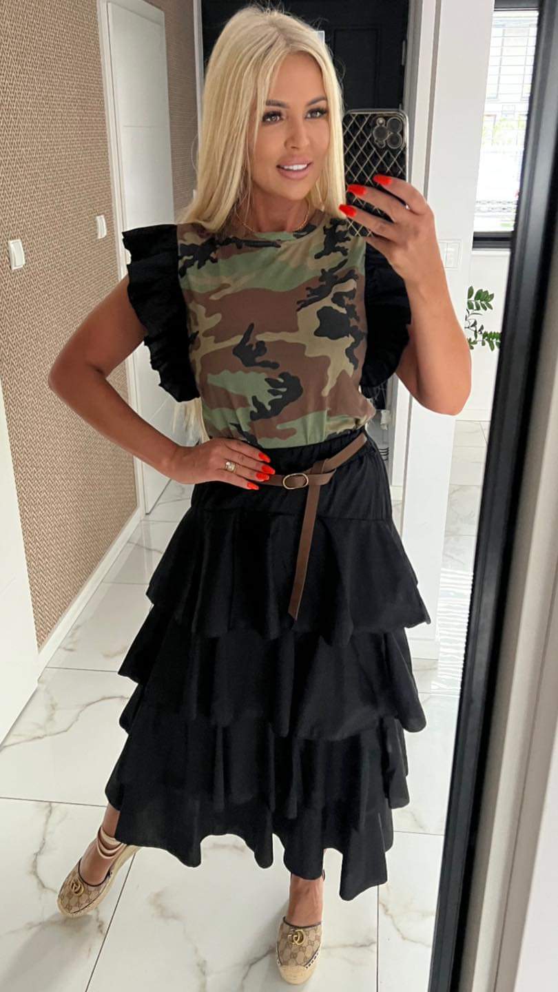 Camo Print Black Frill Sleeve T-shirt Top