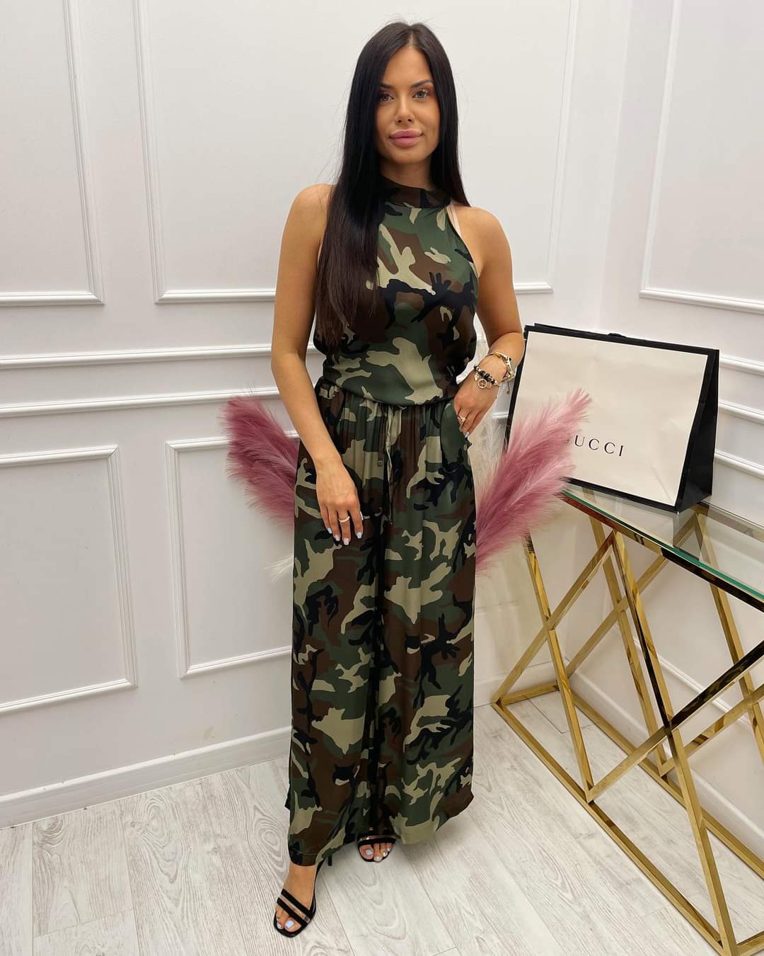 Camouflage Two Piece Set Top And Wide Leg Trousers