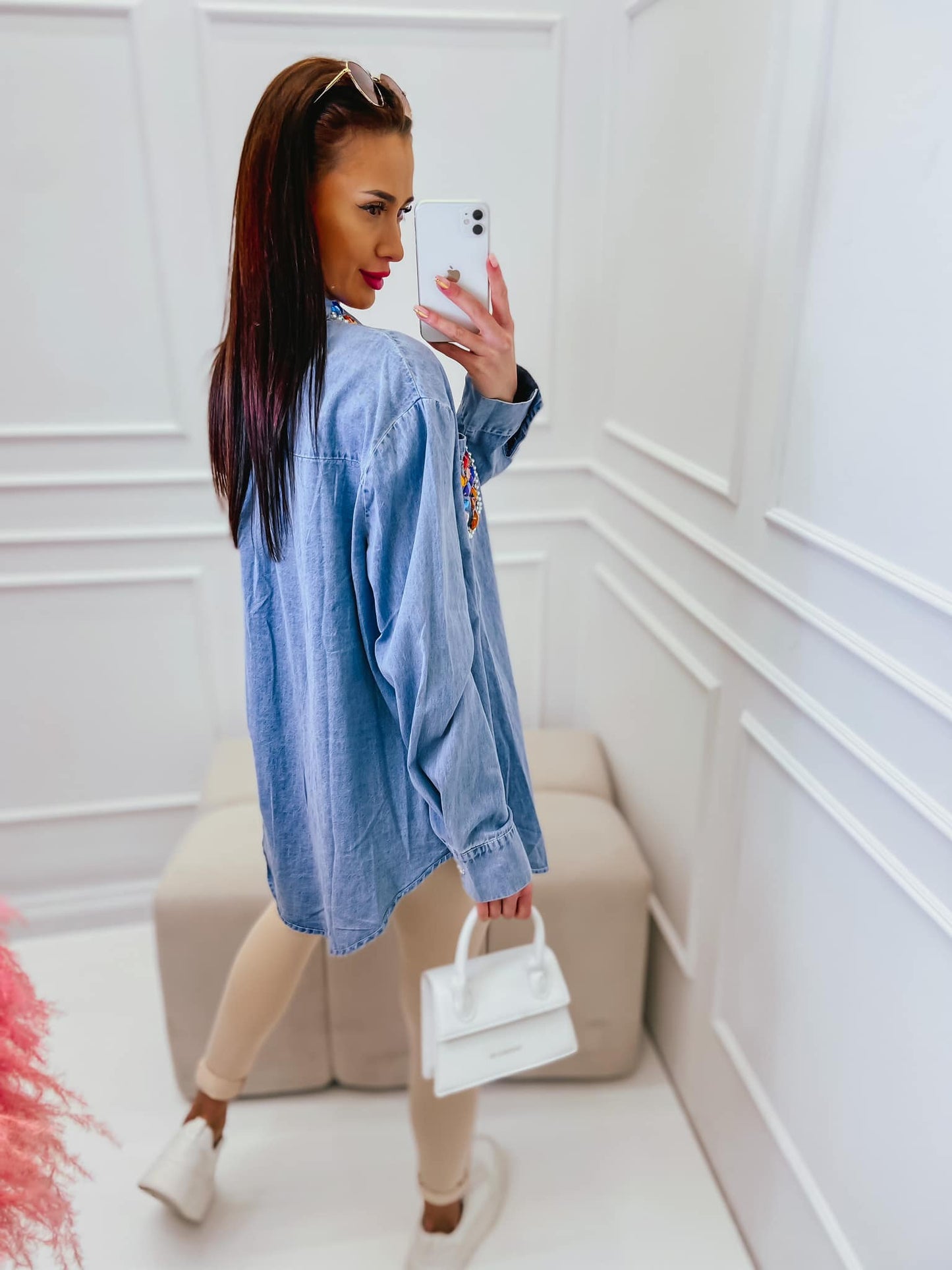 Blue Denim Oversize Smart Shirt With Decorative Beads