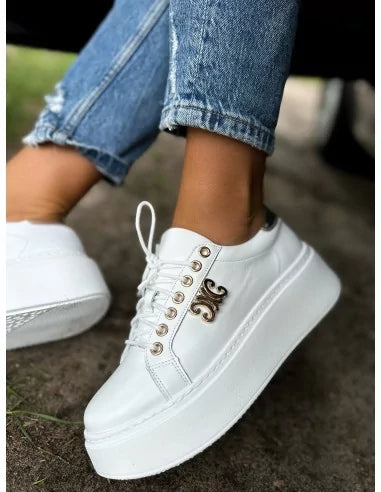 Women's White Leather Platform Loafers, White Caline Platform Trainers 3-7 UK Sizes