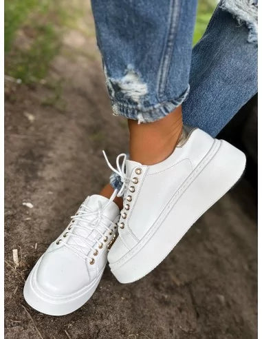 Women's White Leather Platform Loafers, White Caline Platform Trainers 3-7 UK Sizes