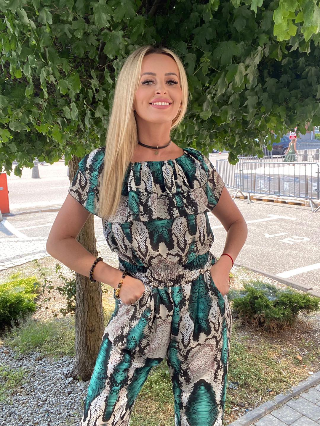 Green Snake Print Off Shoulder Jumpsuit One Size