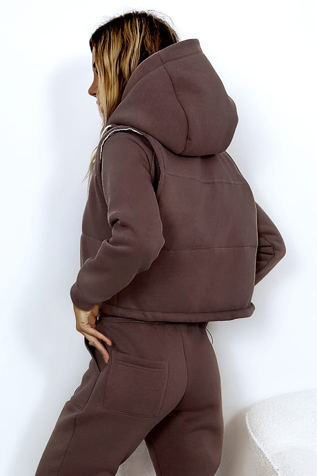 Chocol Three Piece Tracksuit With Crop Gilet