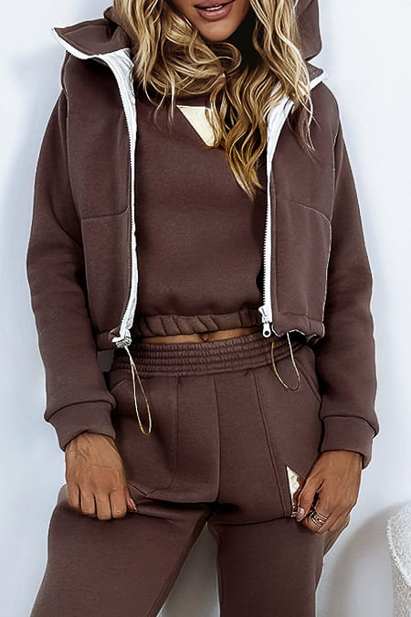 Chocol Three Piece Tracksuit With Crop Gilet