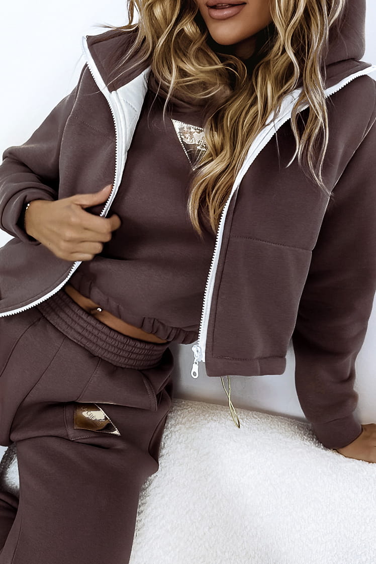 Chocol Three Piece Tracksuit With Crop Gilet
