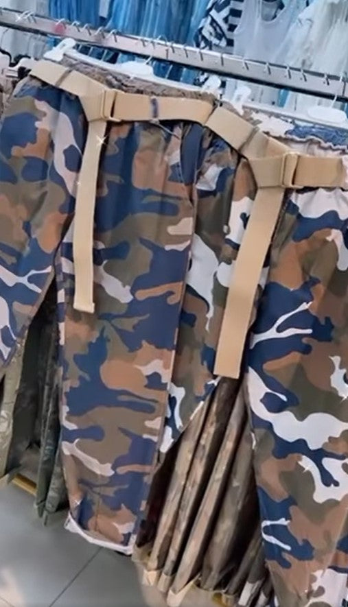 Khaki Camouflage Boyfriend Trousers With Pockets And Belt