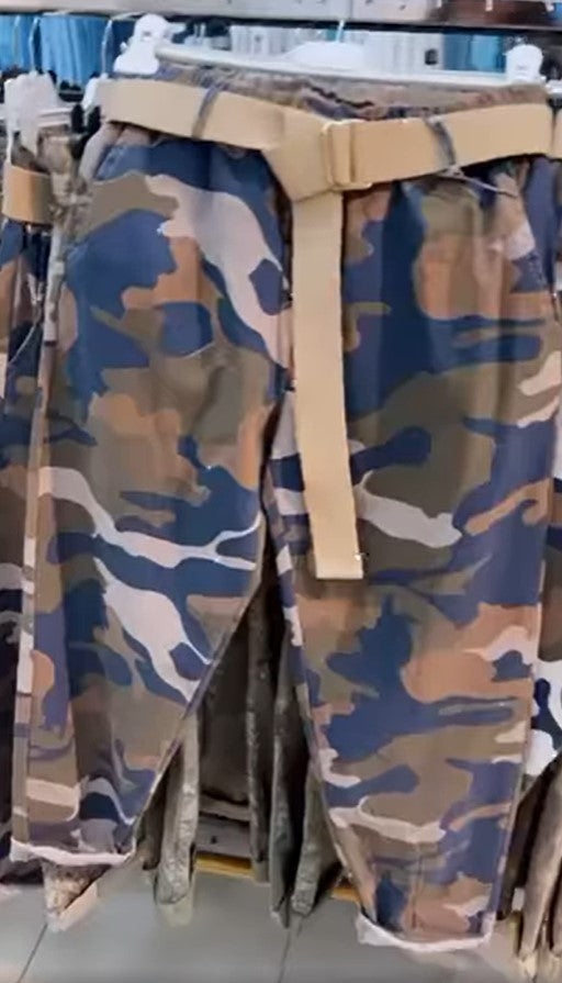 Khaki Camouflage Boyfriend Trousers With Pockets And Belt