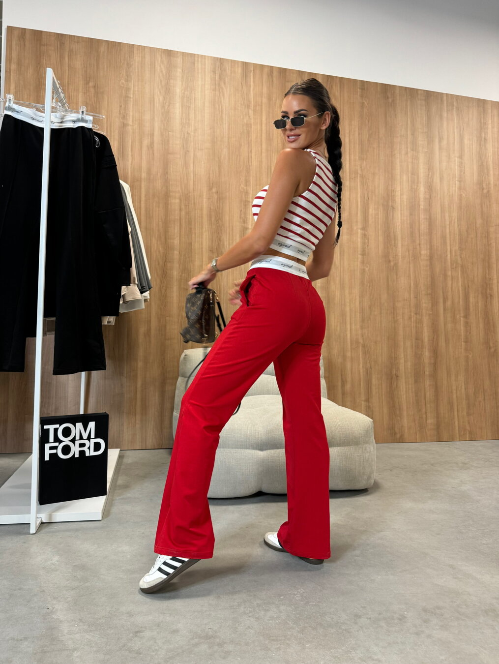 Red Two Piece Coord Set Vest Crop Top And Wide Leg Trousers