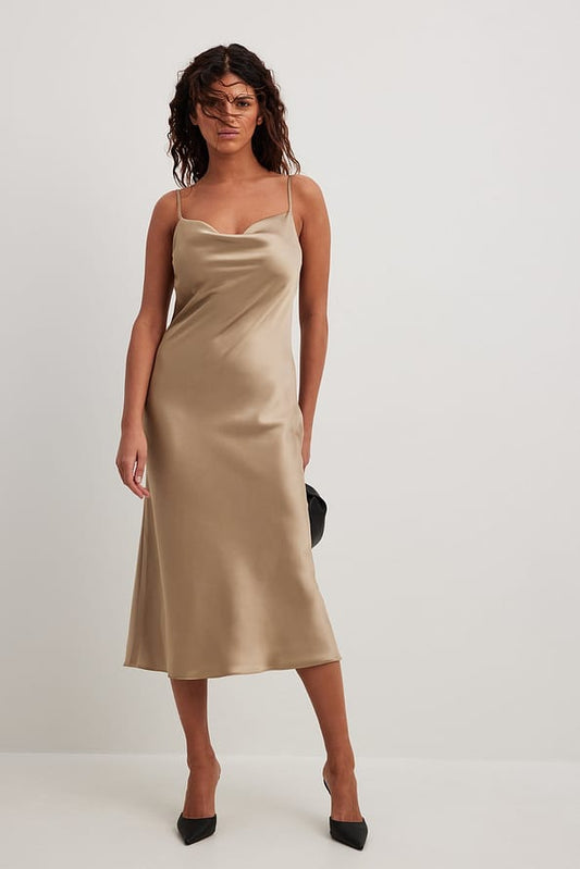 Beige Satin Cowl Neck Midi Slip Dress