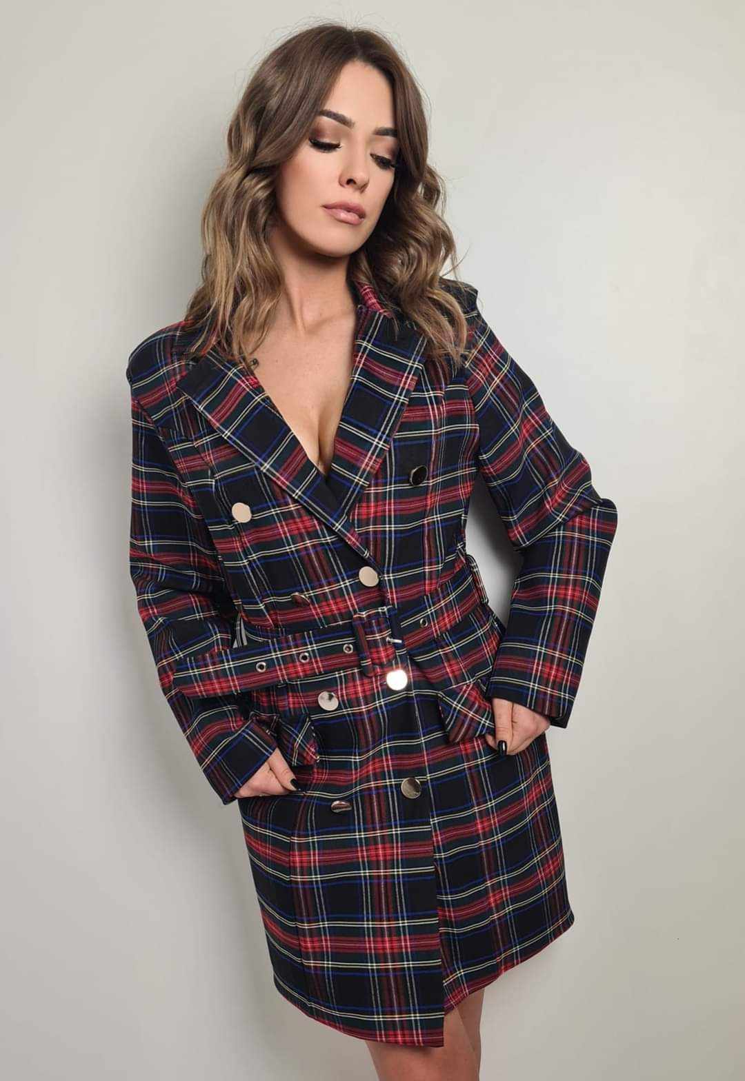 Black Check Short Blazer Dress With Belt