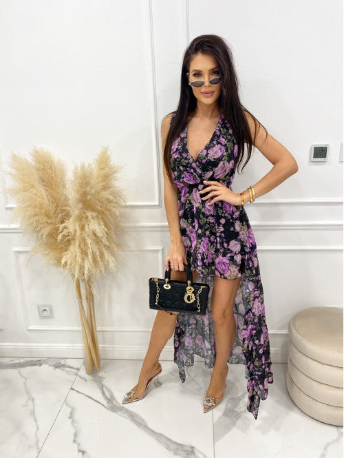 Black A Line Asymmetrical Dress Floral Print One Size