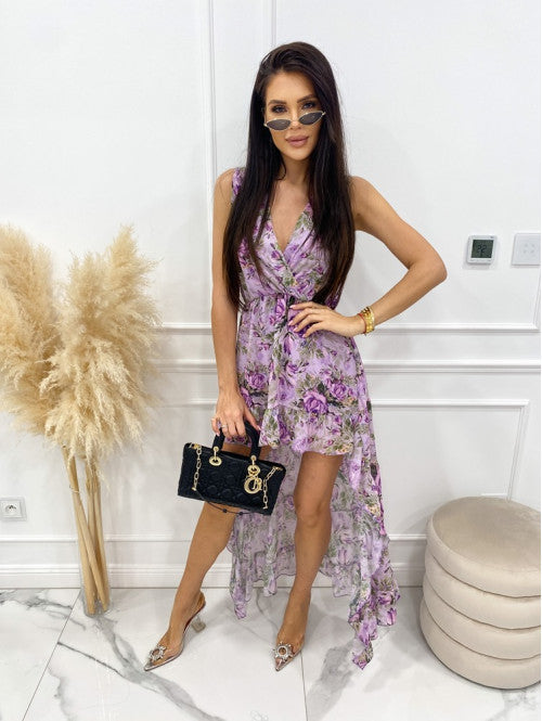 Purple A Line Asymmetrical Dress Floral Print One Size