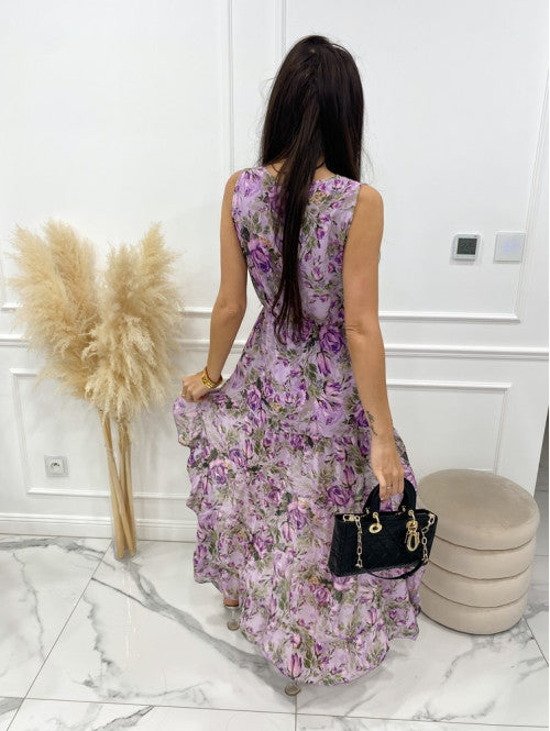 Purple A Line Asymmetrical Dress Floral Print One Size