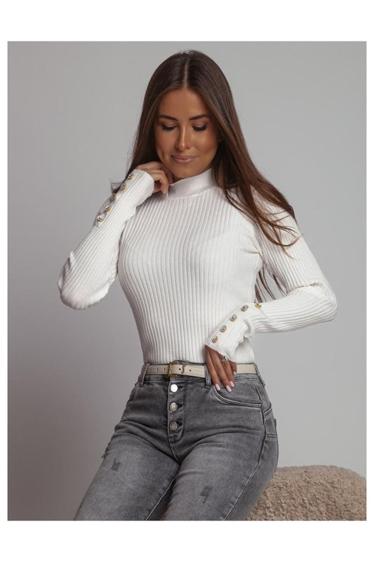White Polo Neck Jumper With Crystal Buttons