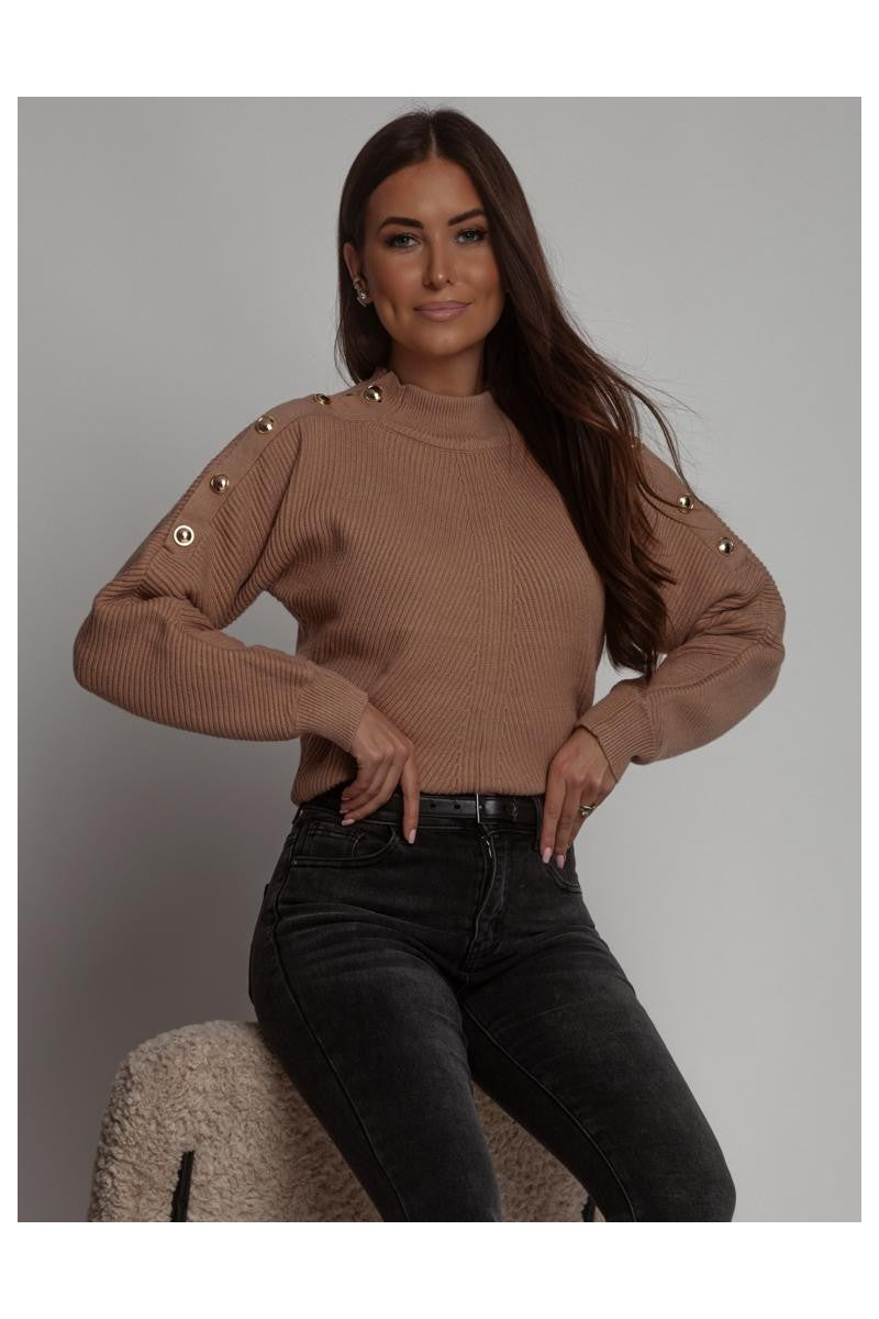 Camel Polo Neck Jumper With Gold Buttons