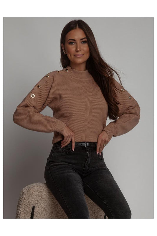 Camel Polo Neck Jumper With Gold Buttons