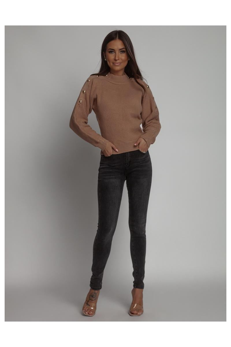 Camel Polo Neck Jumper With Gold Buttons