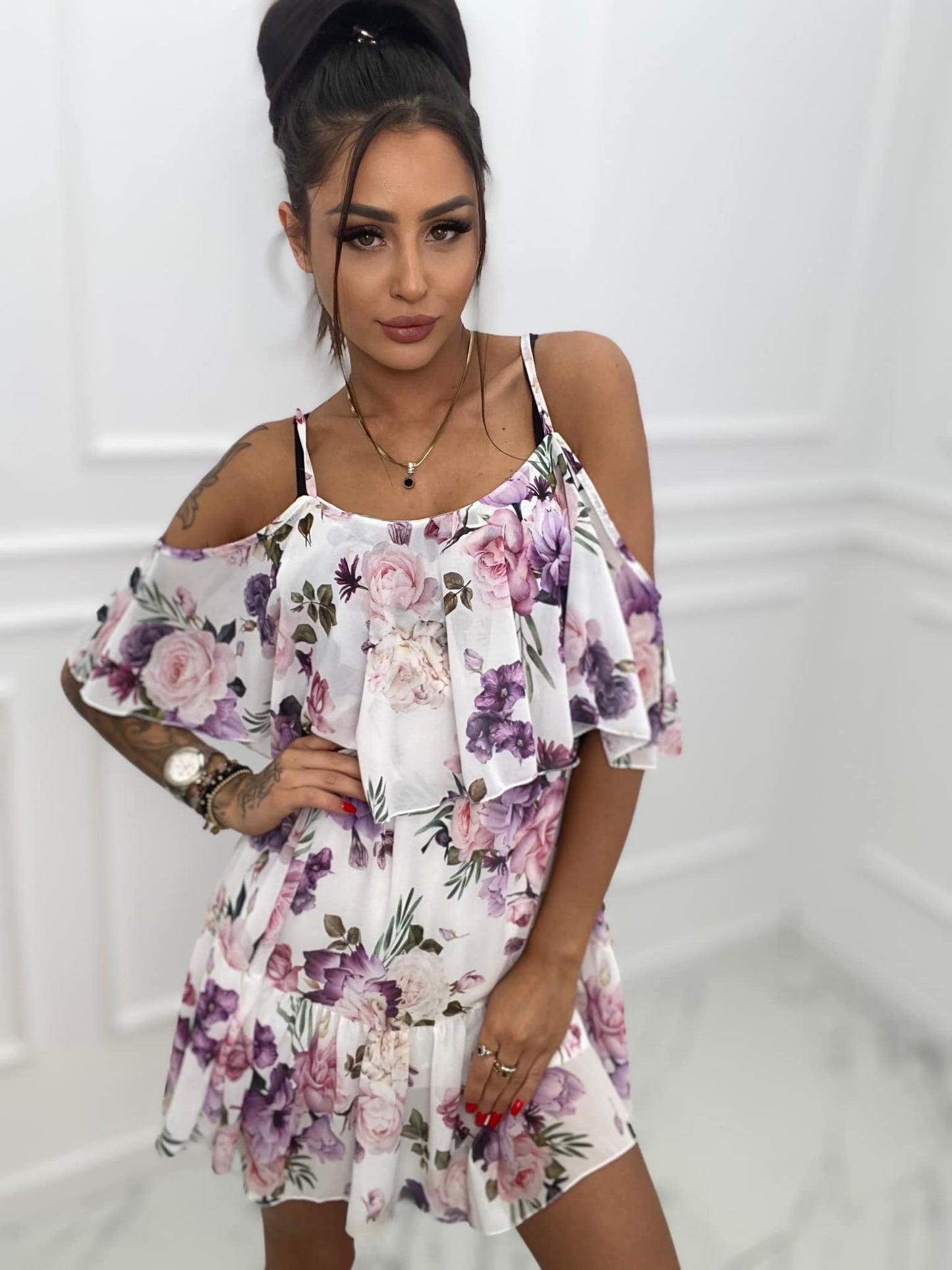White Lilac Short Cami Skater Dress Floral Pattern