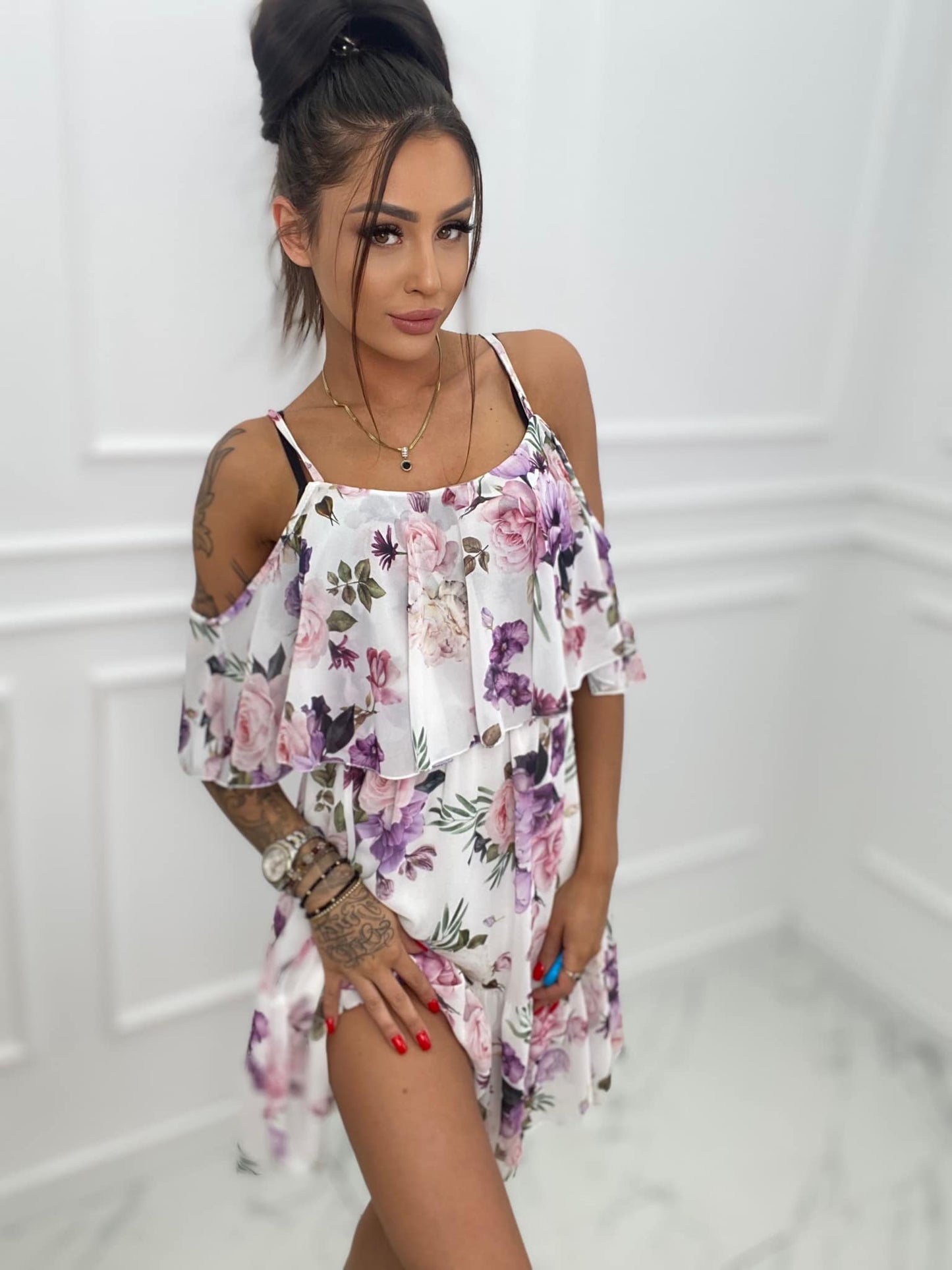 White Lilac Short Cami Skater Dress Floral Pattern
