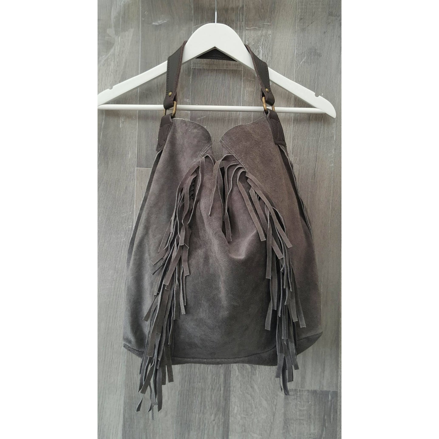 Dark grey large suede leather shoulder bag with tassels