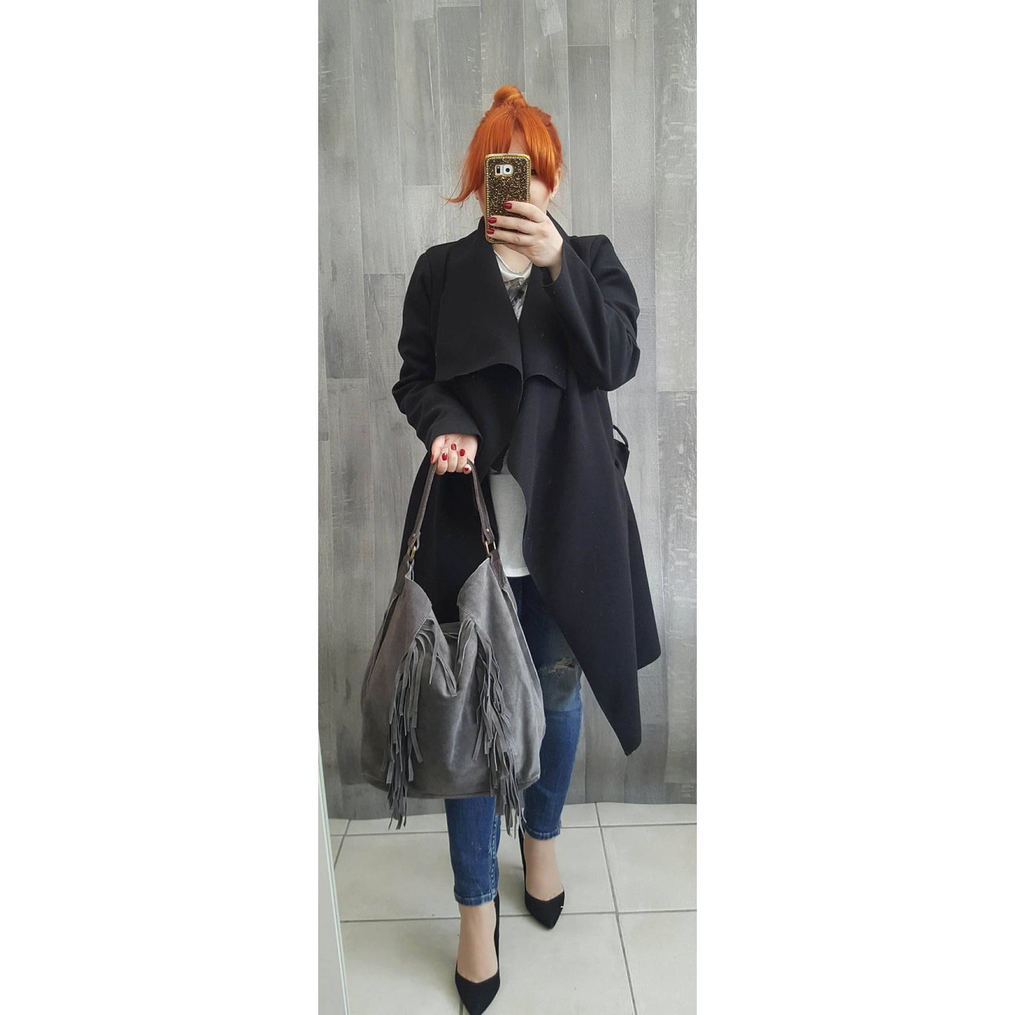 Dark grey large suede leather shoulder bag with tassels