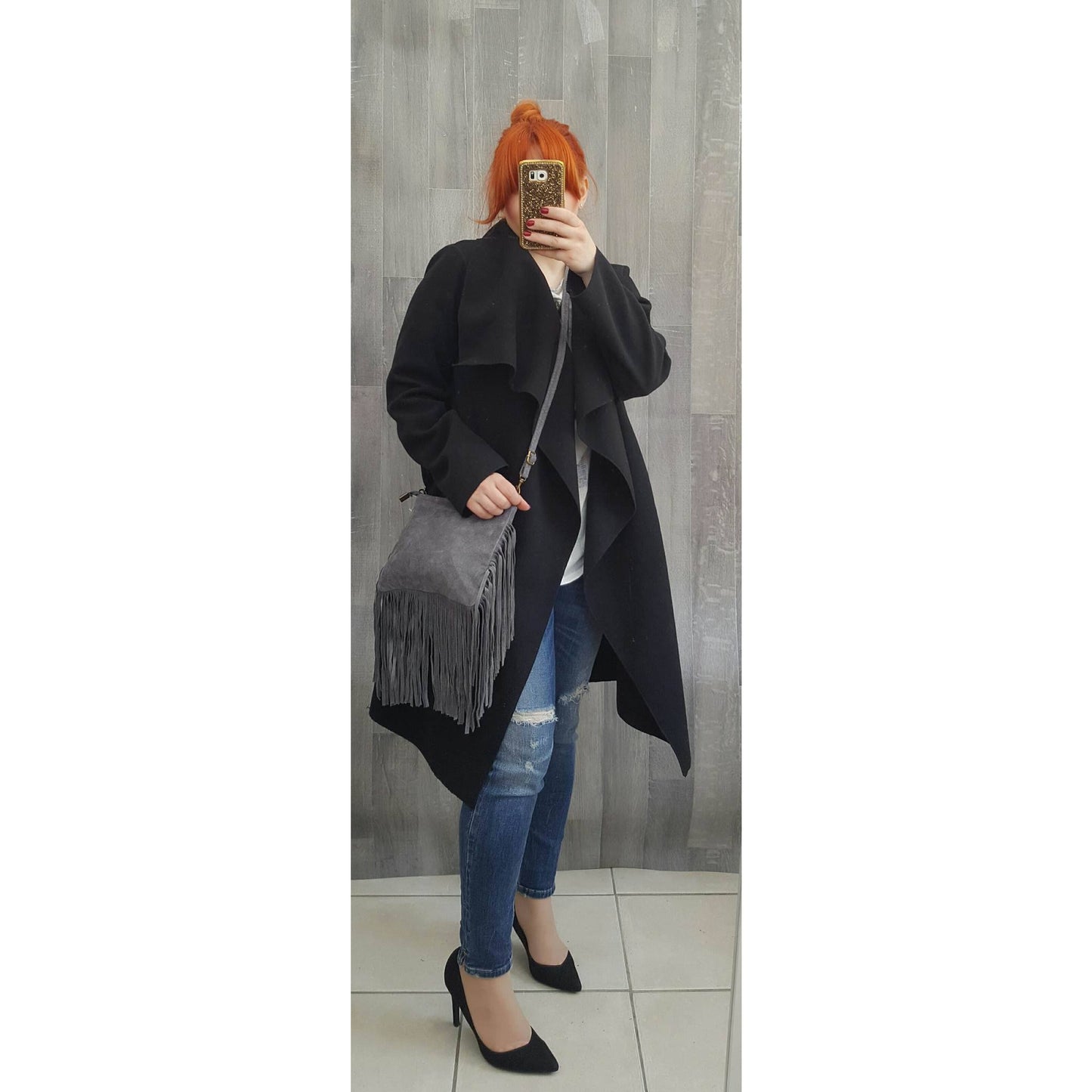 Grey tassel suede small handbag