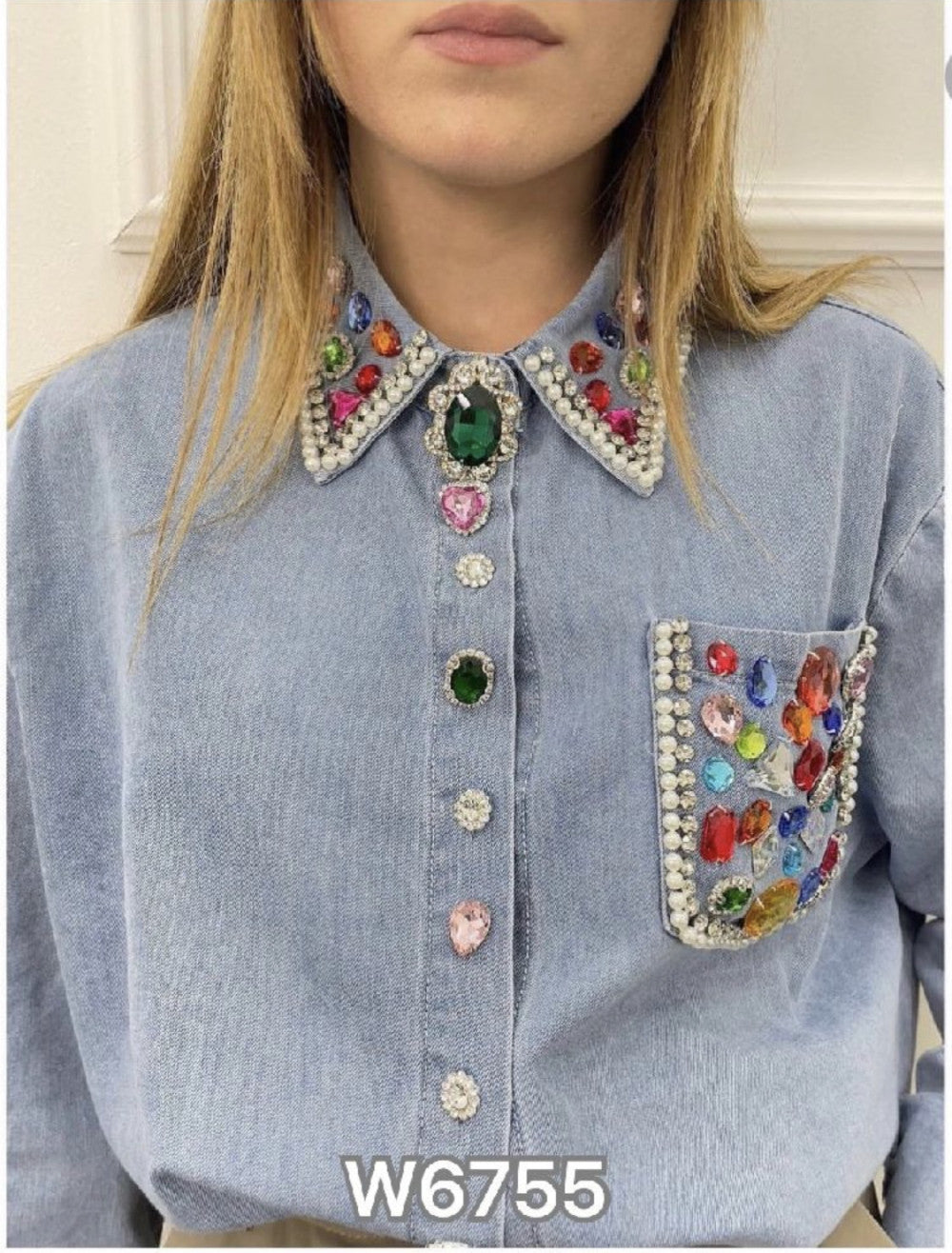 Blue Denim Oversize Smart Shirt With Decorative Beads