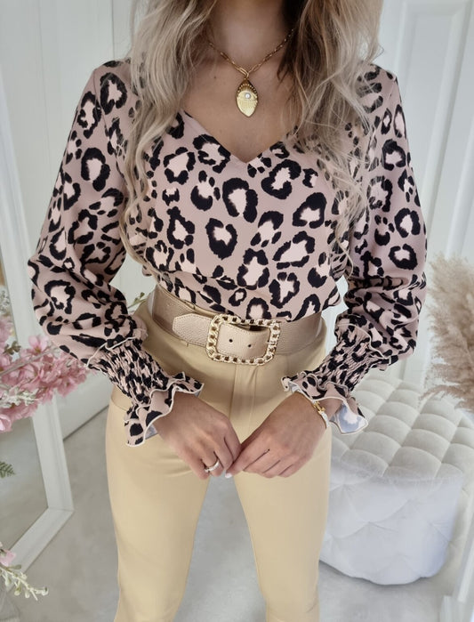 Camel Elegant Leopard Print Blouse, Top