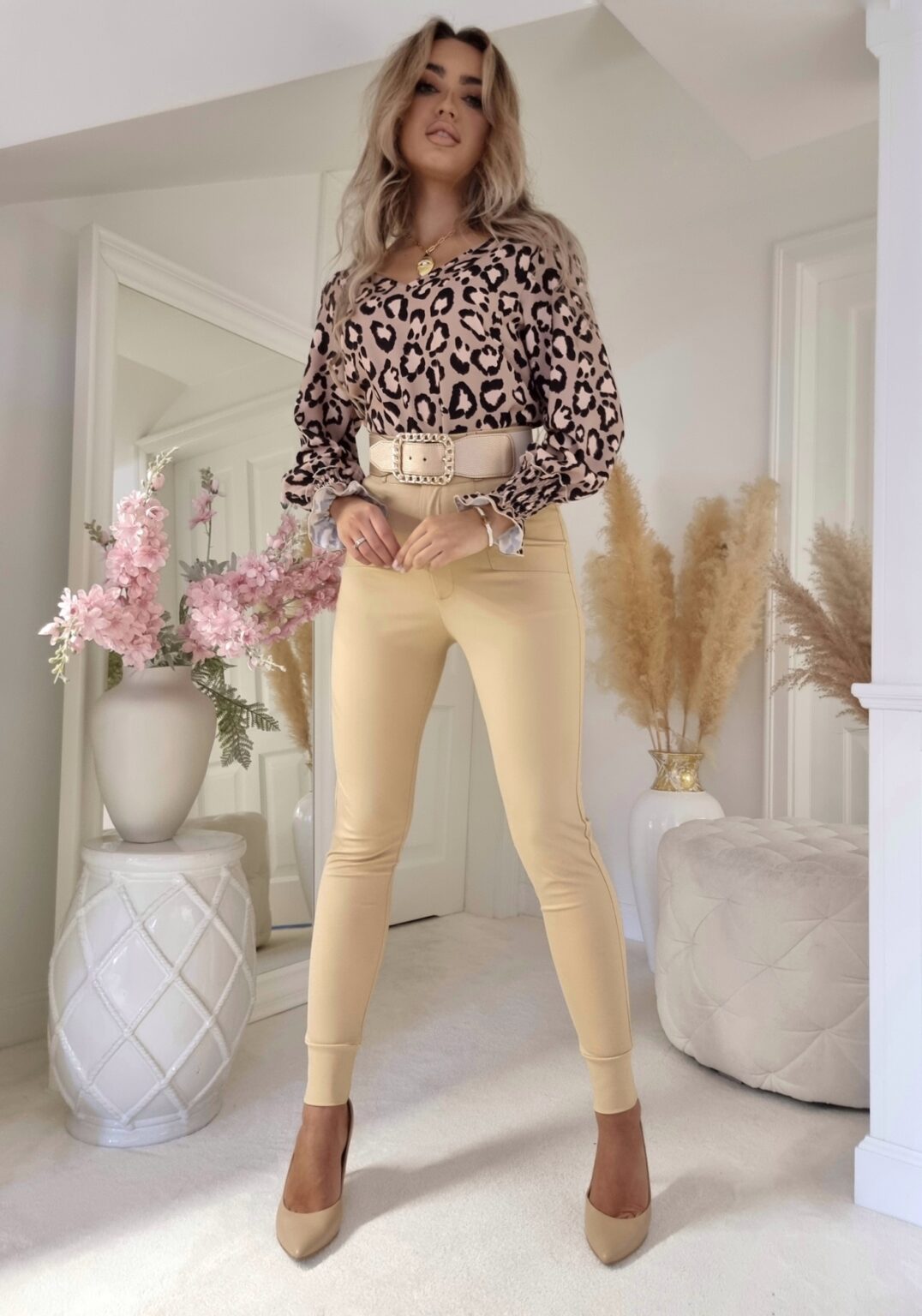 Camel Elegant Leopard Print Blouse, Top