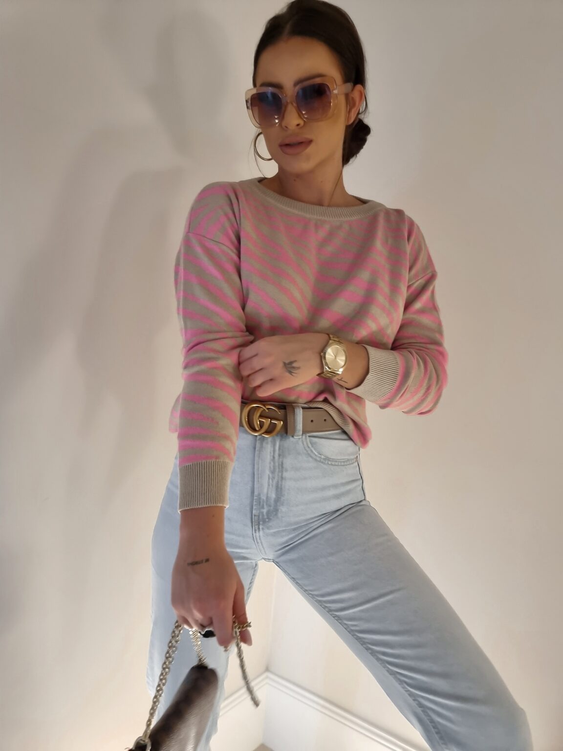 Pink, Beige Zebra Print Short Jumper