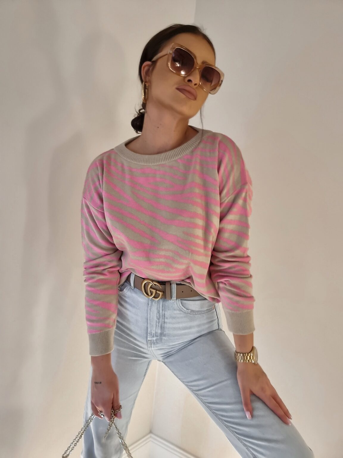 Pink, Beige Zebra Print Short Jumper