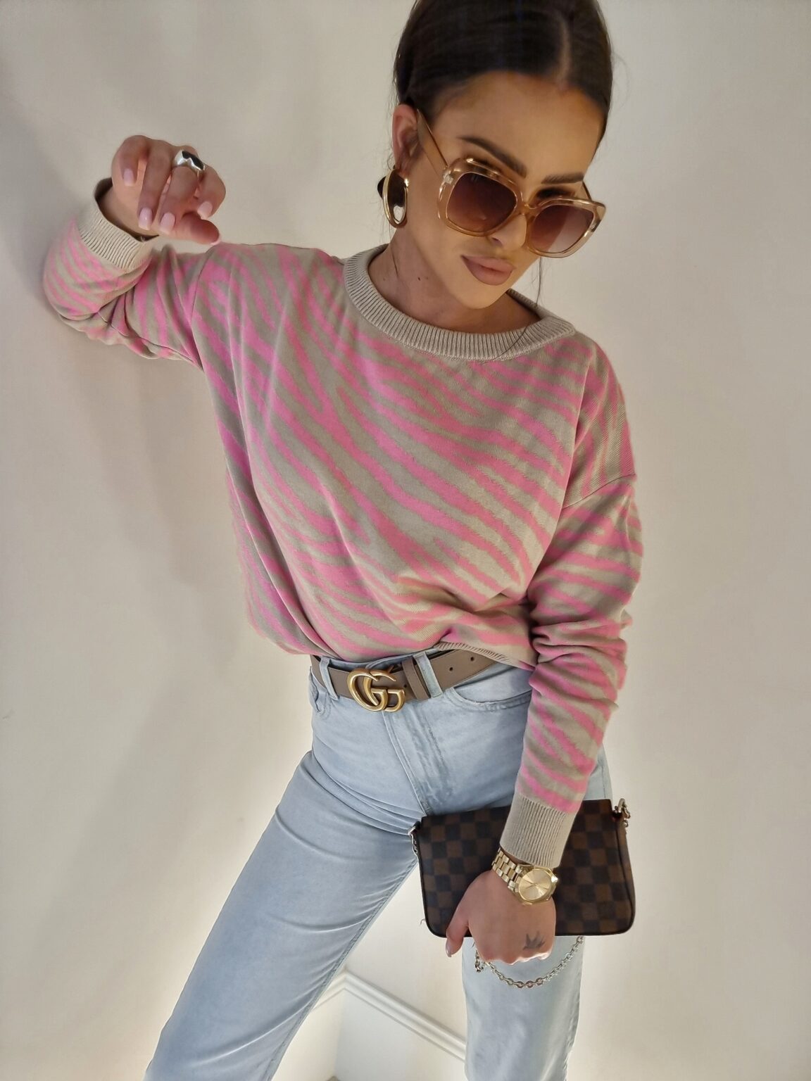 Pink, Beige Zebra Print Short Jumper