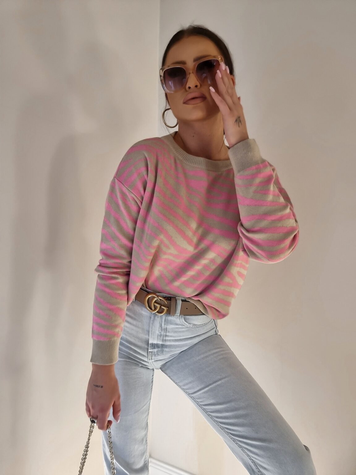 Pink, Beige Zebra Print Short Jumper