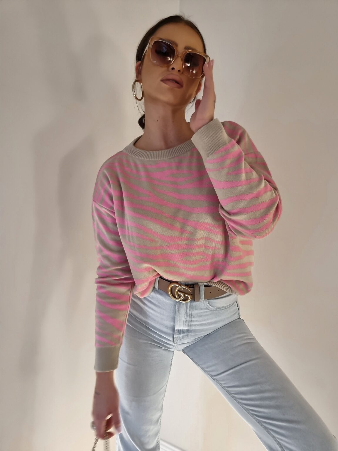 Pink, Beige Zebra Print Short Jumper